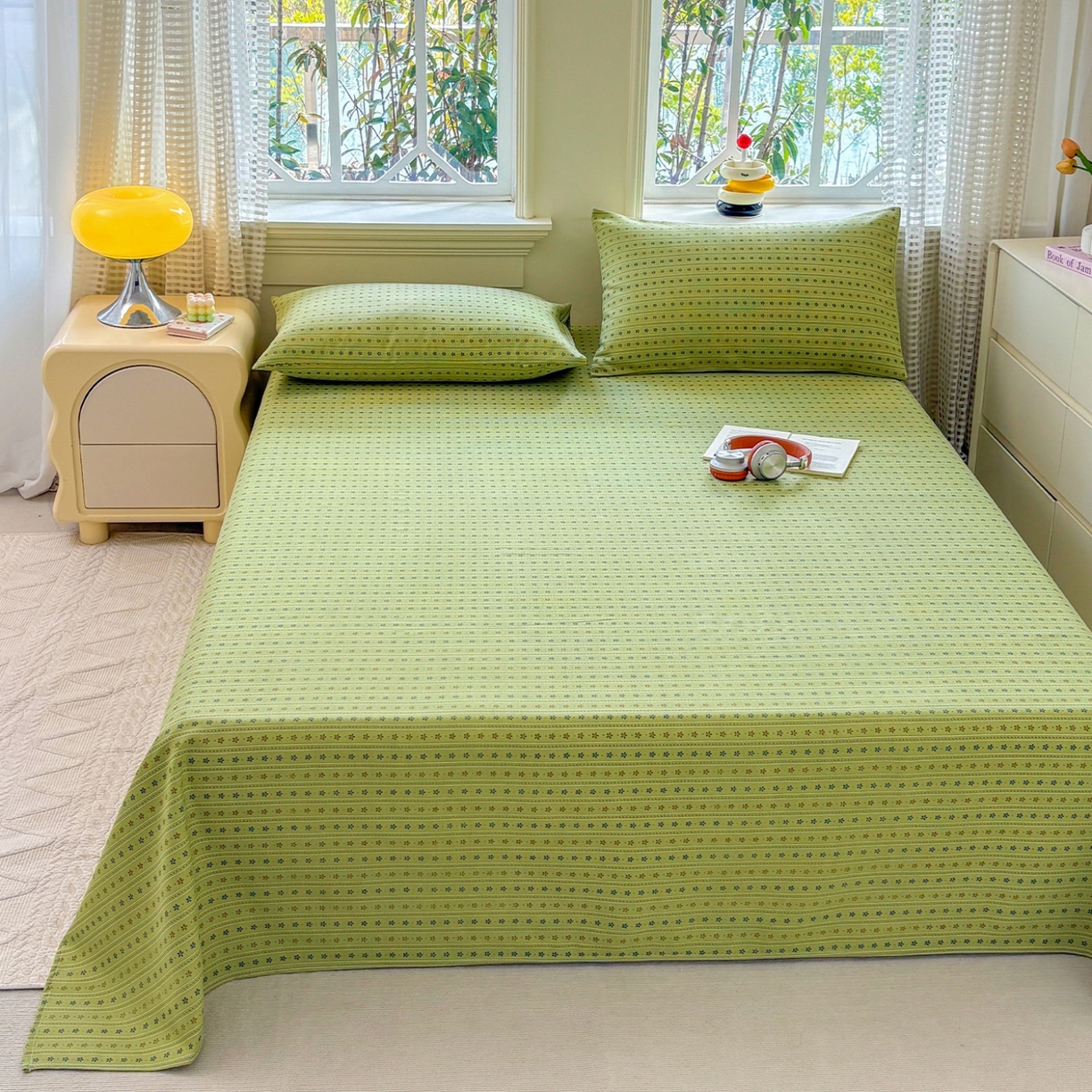 91家纺网 家纺一手货源 找家纺 青泽家纺 2025新款原棉标老粗布系列床单三件套 沐研绿