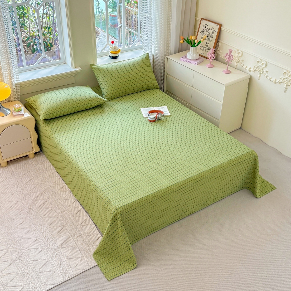 91家纺网 家纺一手货源 找家纺 青泽家纺 2025新款原棉标老粗布系列床单三件套 沐研绿