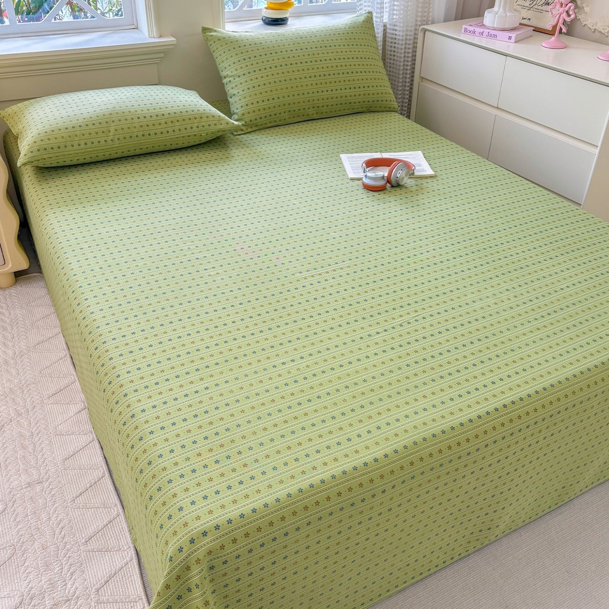 91家纺网 家纺一手货源 找家纺 青泽家纺 2025新款原棉标老粗布系列床单三件套 沐研绿