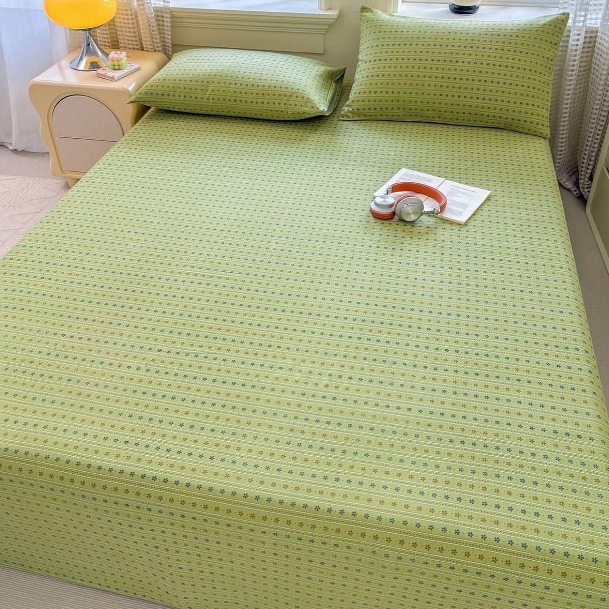 91家纺网 家纺一手货源 找家纺 青泽家纺 2025新款原棉标老粗布系列床单三件套 沐研绿