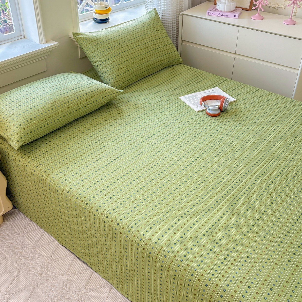 91家纺网 家纺一手货源 找家纺 青泽家纺 2025新款原棉标老粗布系列床单三件套 沐研绿