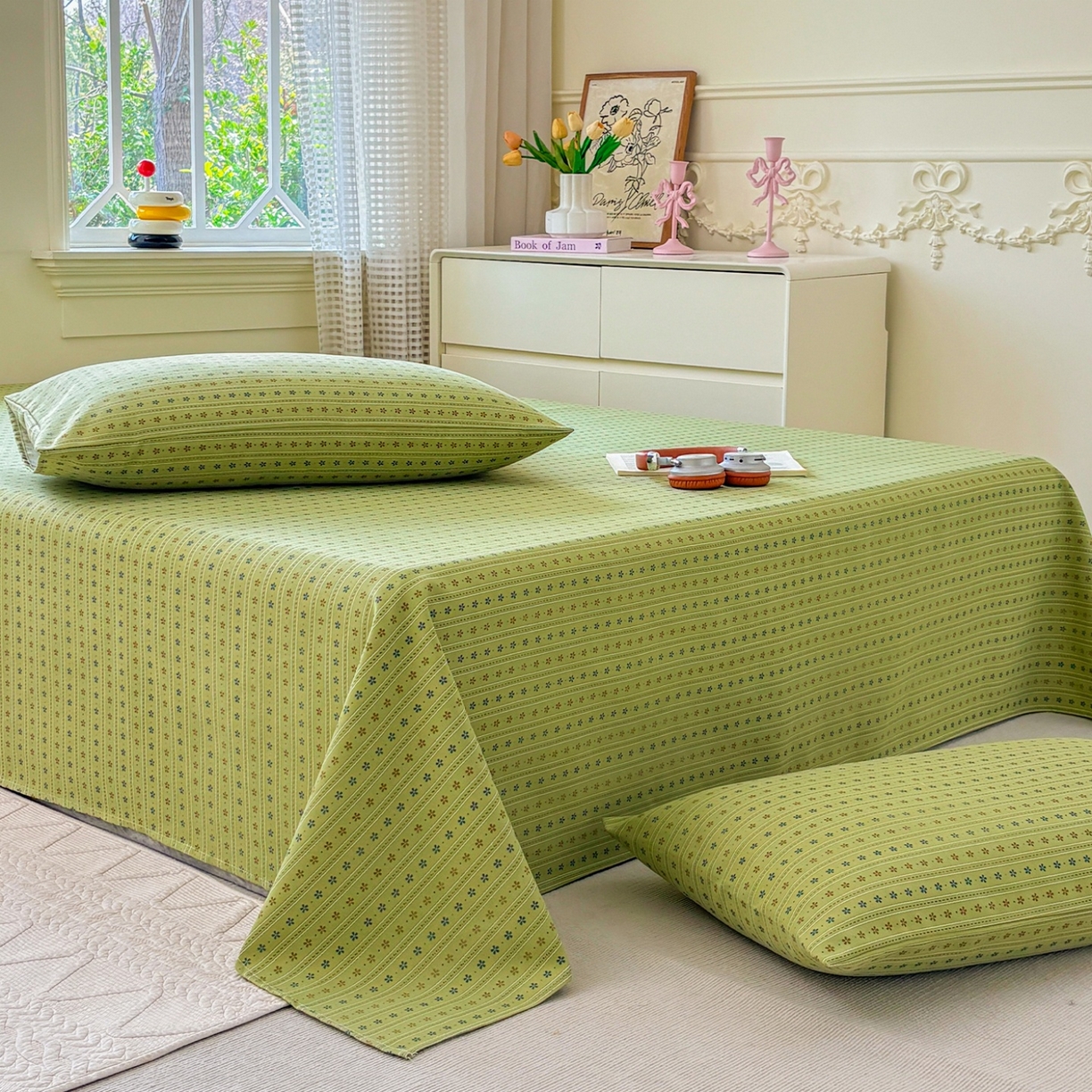 91家纺网 家纺一手货源 找家纺 青泽家纺 2025新款原棉标老粗布系列床单三件套 沐研绿