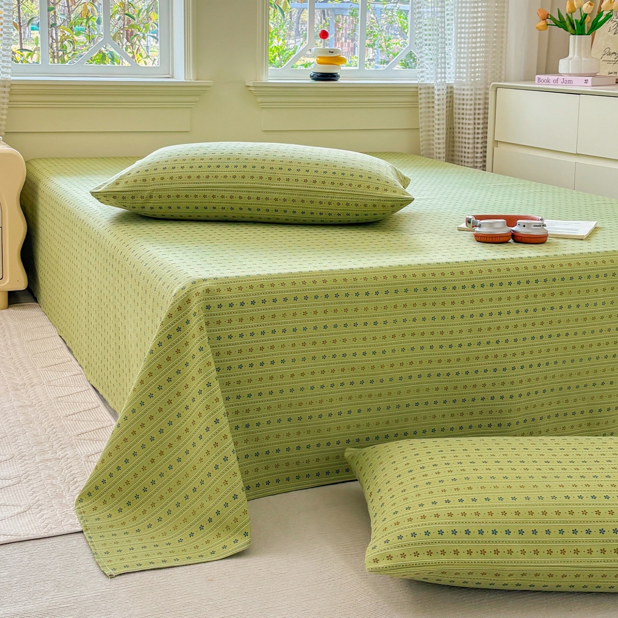 91家纺网 家纺一手货源 找家纺 青泽家纺 2025新款原棉标老粗布系列床单三件套 沐研绿