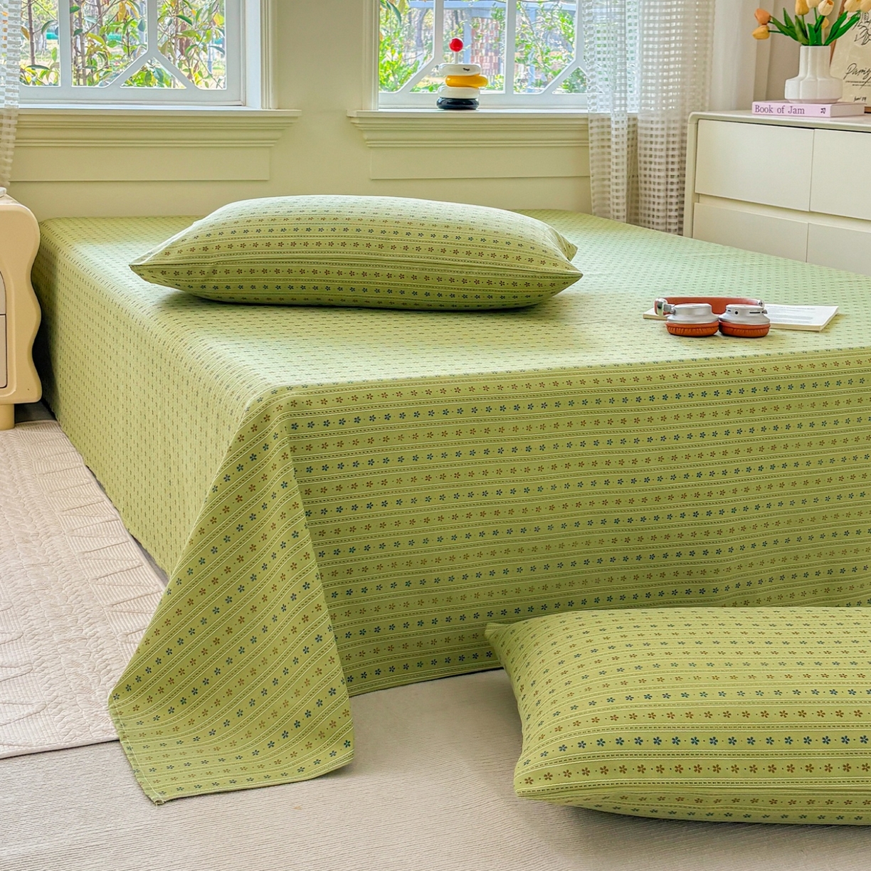 91家纺网 家纺一手货源 找家纺 青泽家纺 2025新款原棉标老粗布系列床单三件套 沐研绿