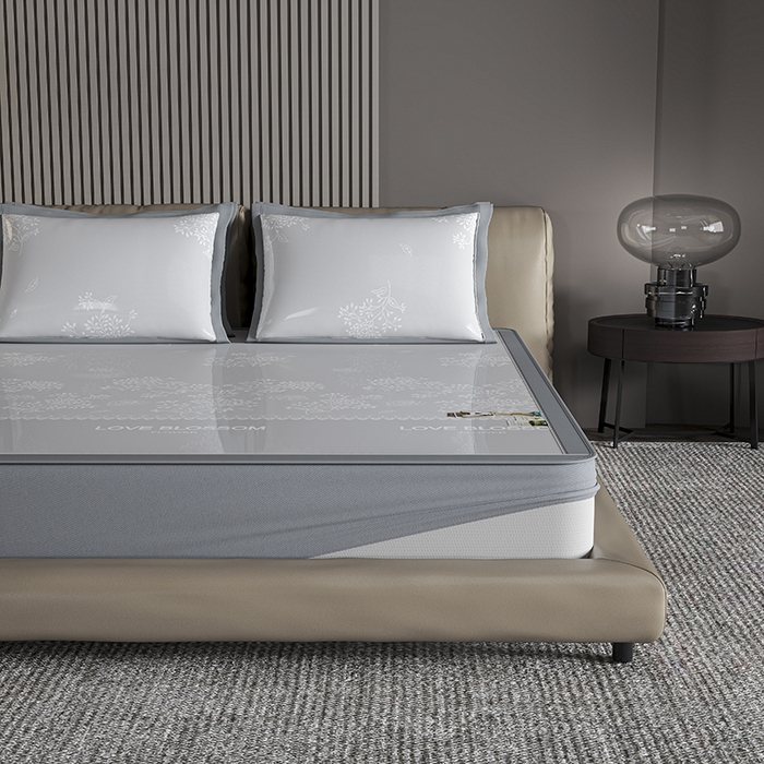 91家纺网 家纺一手货源 找家纺 小牛席业 2026新款【建模风格】PE清新叶语冰丝席席子凉席-床笠款 灰色