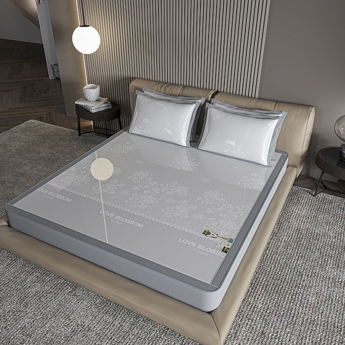 91家纺网 家纺一手货源 找家纺 小牛席业 2026新款【建模风格】PE清新叶语冰丝席席子凉席-床笠款 灰色