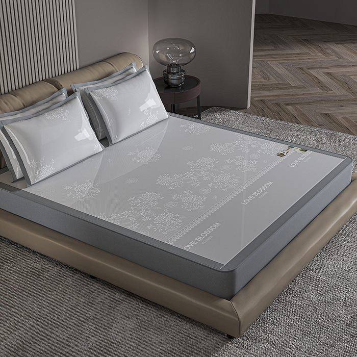 91家纺网 家纺一手货源 找家纺 小牛席业 2026新款【建模风格】PE清新叶语冰丝席席子凉席-床笠款 灰色