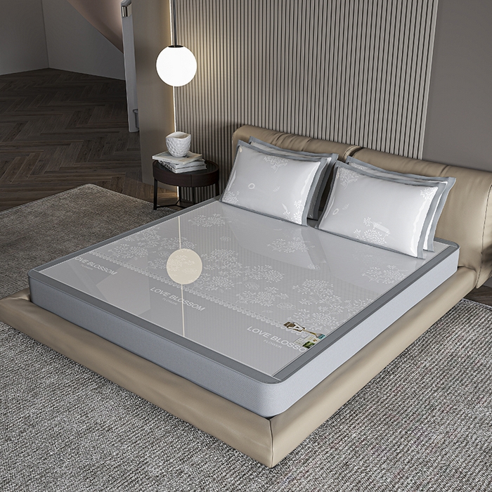 91家纺网 家纺一手货源 找家纺 小牛席业 2026新款【建模风格】PE清新叶语冰丝席席子凉席-床笠款 灰色