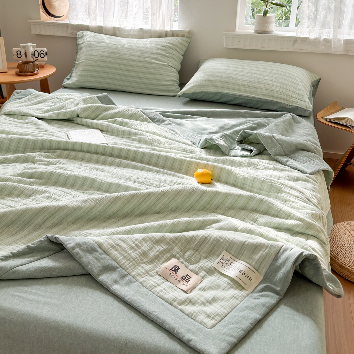 91家纺网 家纺一手货源 找家纺 雯雨家纺 2026新款A类里外全棉皱皱纱新疆棉花夏被空调被 米洛-水绿