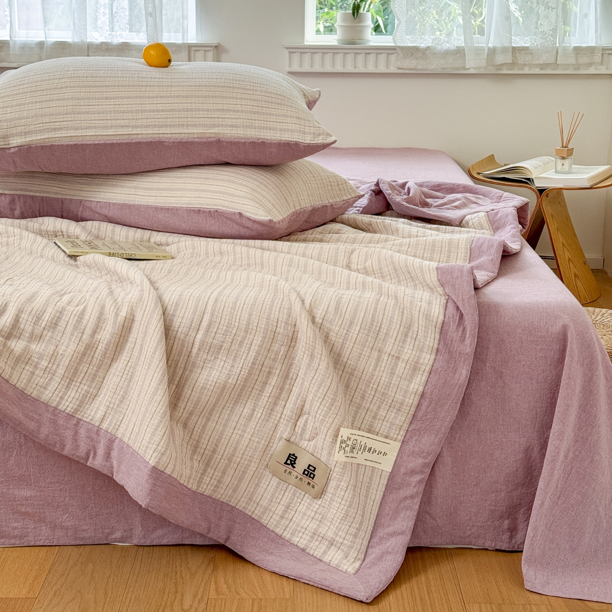 91家纺网 家纺一手货源 找家纺 雯雨家纺 2026新款A类里外全棉皱皱纱新疆棉花夏被空调被 米洛-浅紫