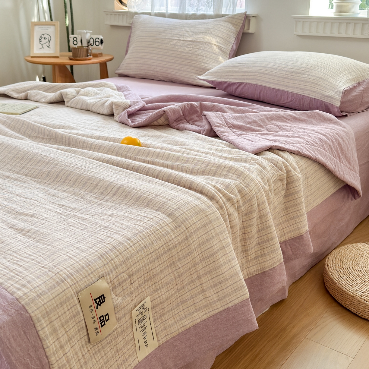 91家纺网 家纺一手货源 找家纺 雯雨家纺 2026新款A类里外全棉皱皱纱新疆棉花夏被空调被 米洛-浅紫