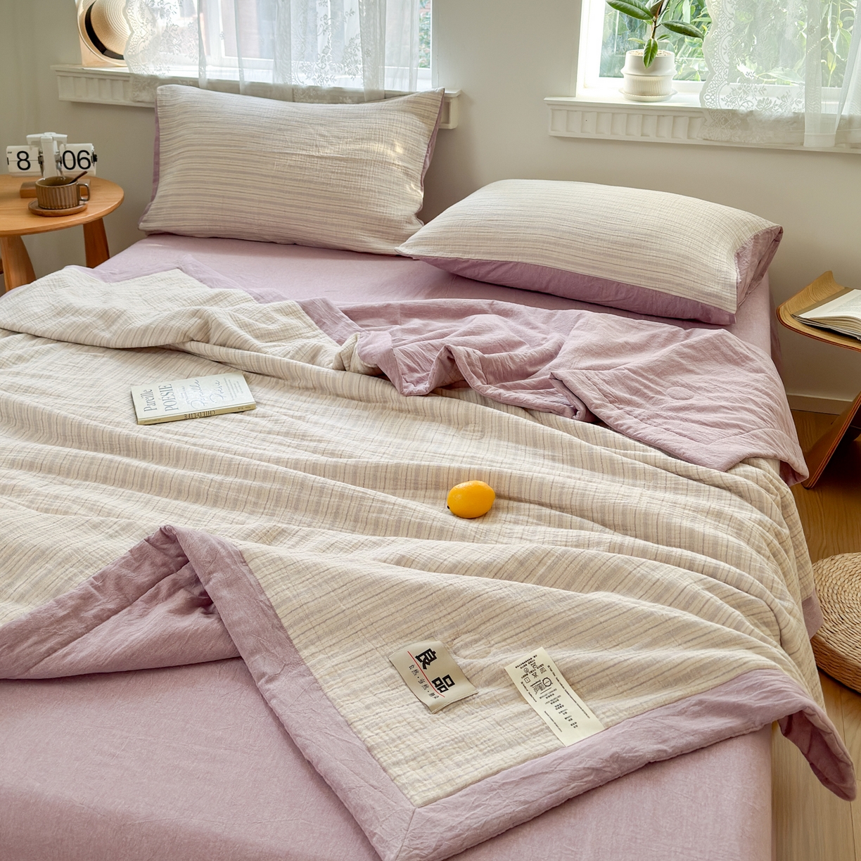 91家纺网 家纺一手货源 找家纺 雯雨家纺 2026新款A类里外全棉皱皱纱新疆棉花夏被空调被 米洛-浅紫