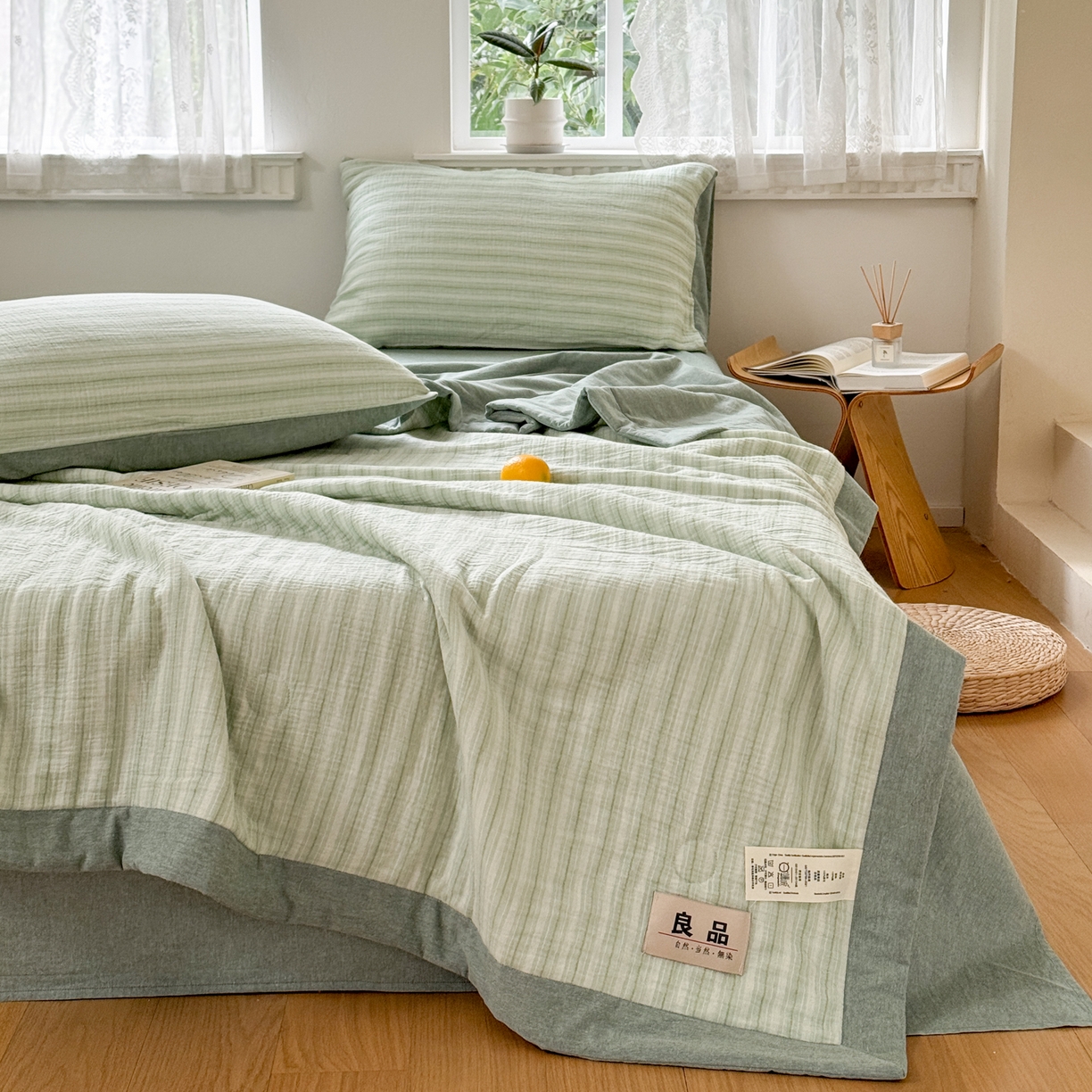 91家纺网 家纺一手货源 找家纺 雯雨家纺 2026新款A类里外全棉皱皱纱新疆棉花夏被空调被 米洛-水绿