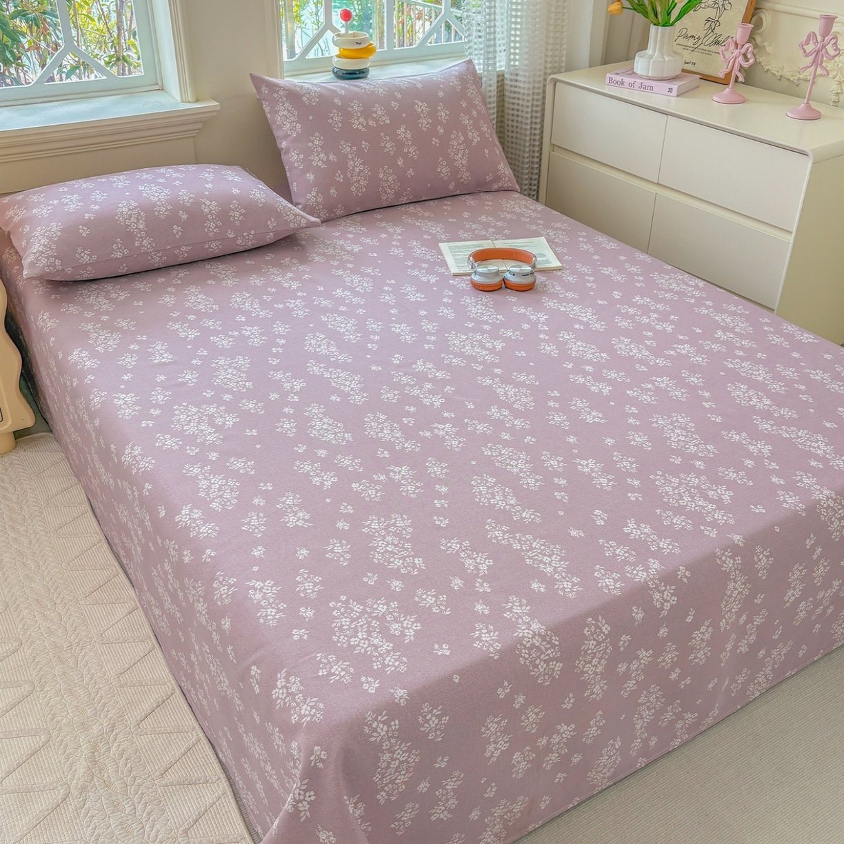 91家纺网 家纺一手货源 找家纺 青泽家纺 2025新款原棉标老粗布系列床单三件套 如梦紫