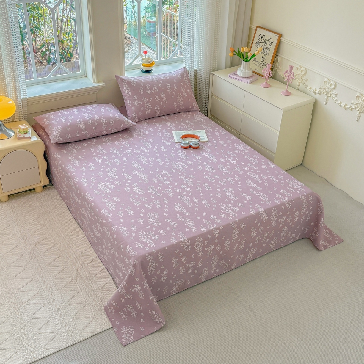 91家纺网 家纺一手货源 找家纺 青泽家纺 2025新款原棉标老粗布系列床单三件套 如梦紫