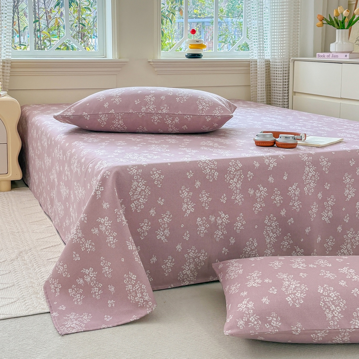 91家纺网 家纺一手货源 找家纺 青泽家纺 2025新款原棉标老粗布系列床单三件套 如梦紫