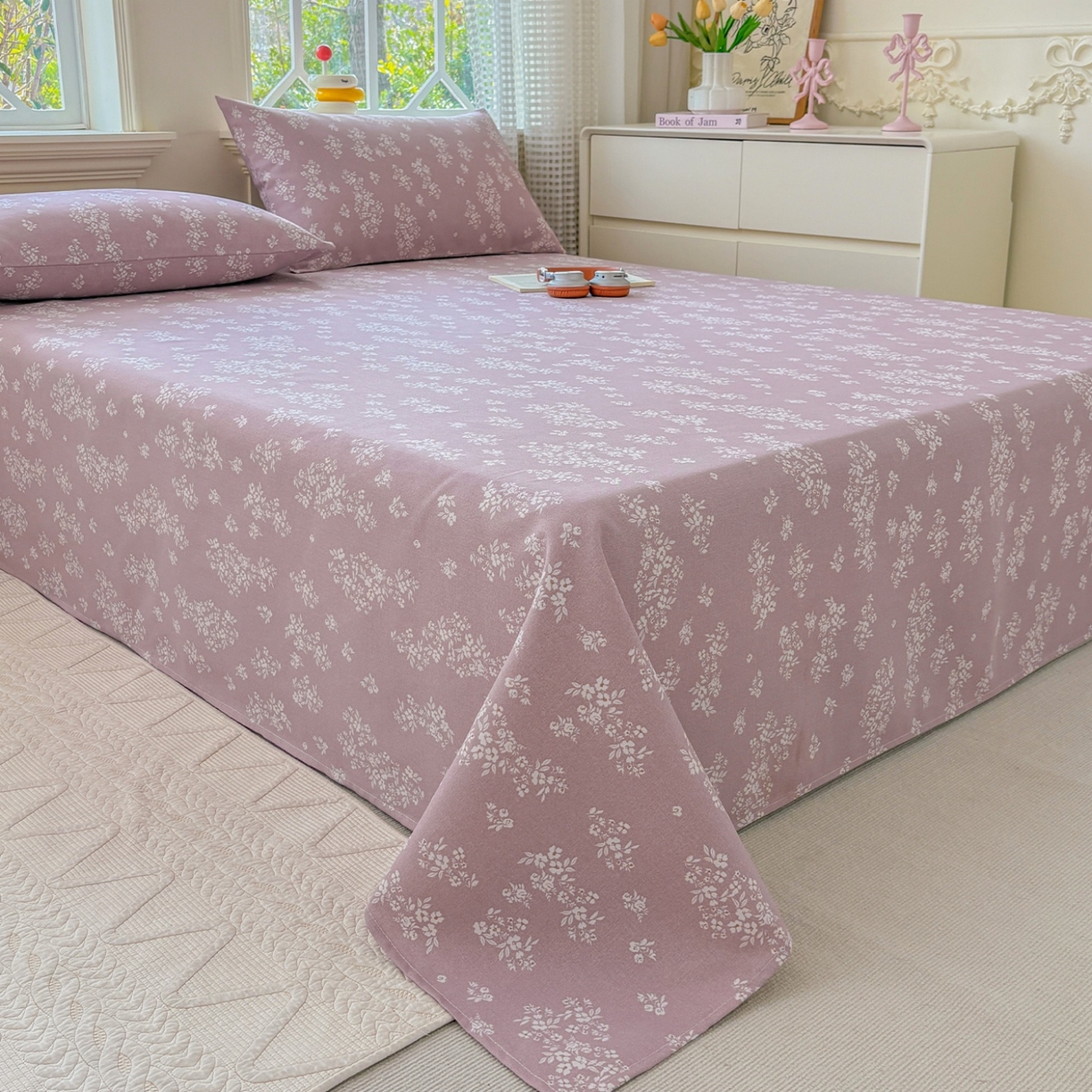 91家纺网 家纺一手货源 找家纺 青泽家纺 2025新款原棉标老粗布系列床单三件套 如梦紫