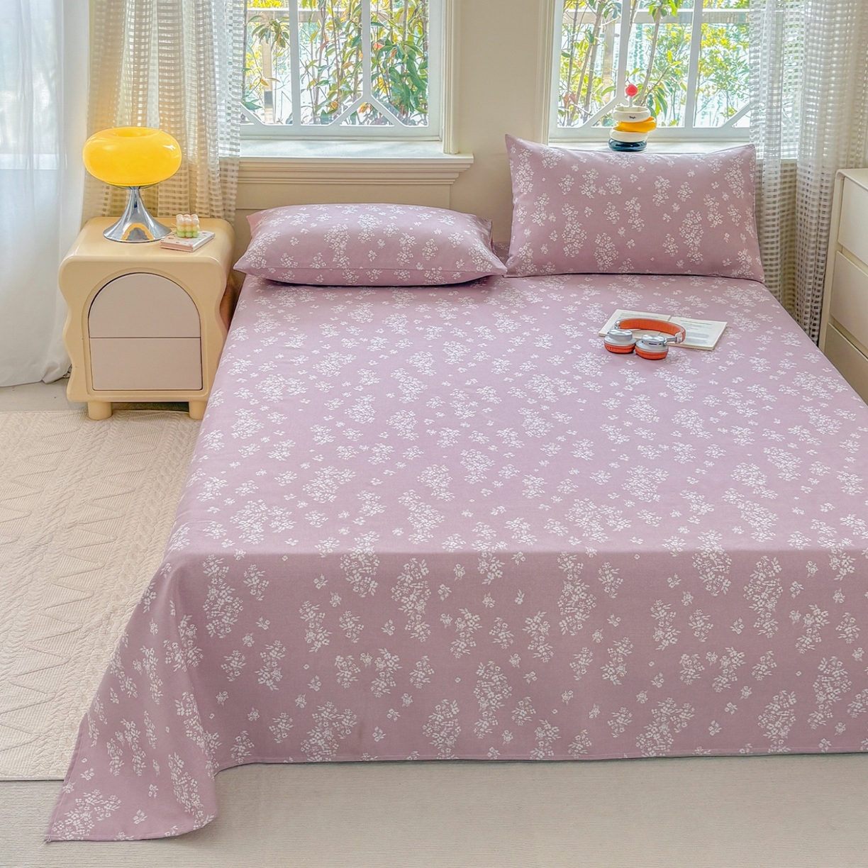 91家纺网 家纺一手货源 找家纺 青泽家纺 2025新款原棉标老粗布系列床单三件套 如梦紫