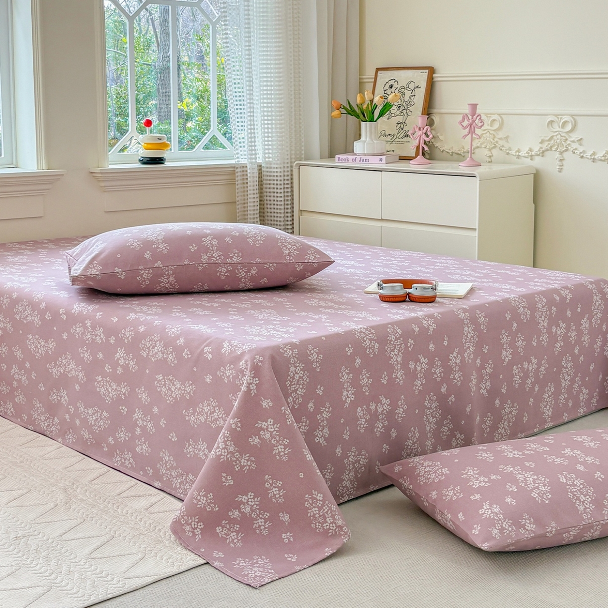 91家纺网 家纺一手货源 找家纺 青泽家纺 2025新款原棉标老粗布系列床单三件套 如梦紫