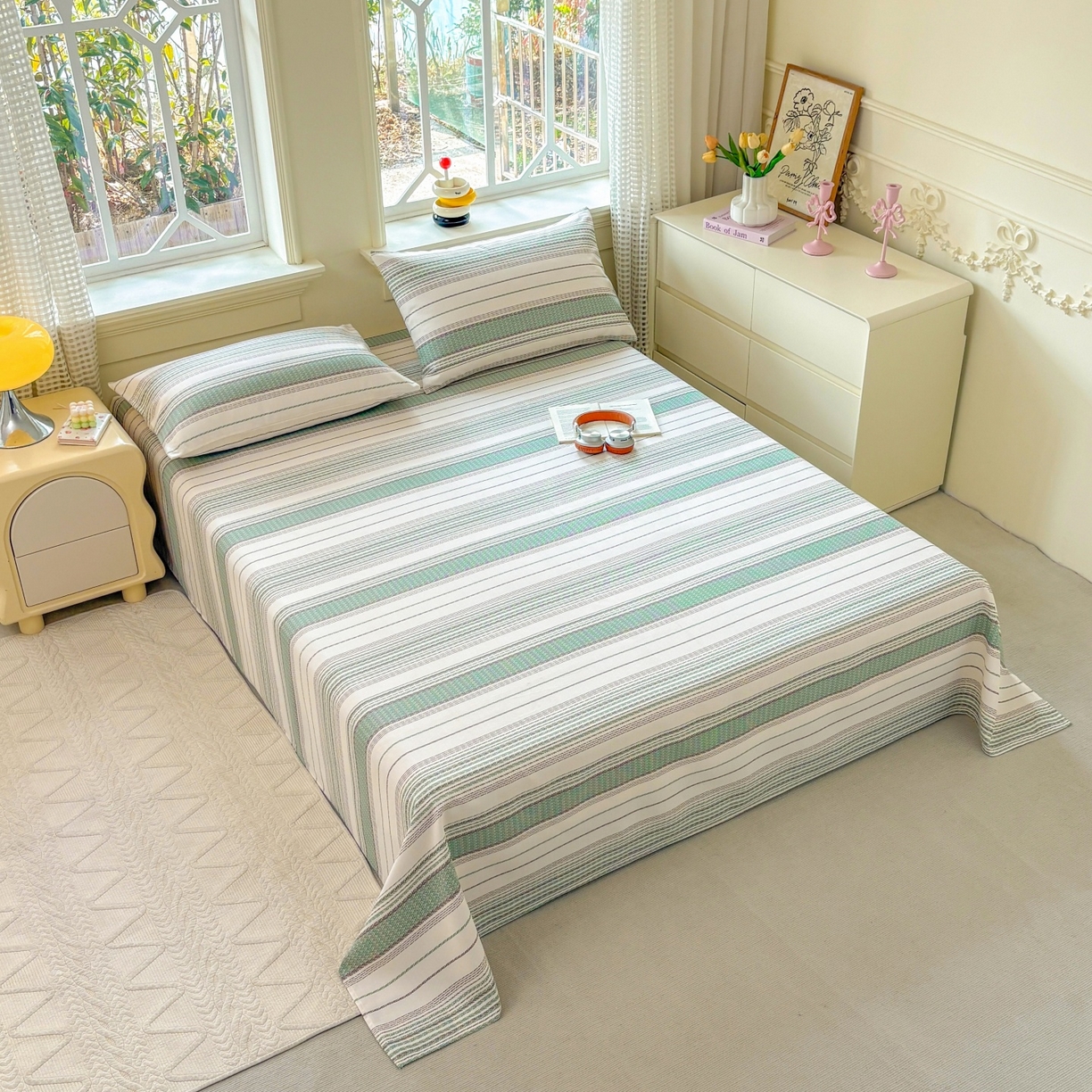 91家纺网 家纺一手货源 找家纺 青泽家纺 2025新款原棉标老粗布系列床单三件套 时光蓝条