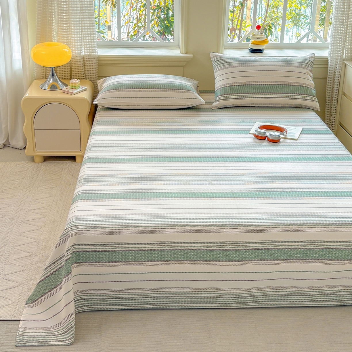 91家纺网 家纺一手货源 找家纺 青泽家纺 2025新款原棉标老粗布系列床单三件套 时光蓝条