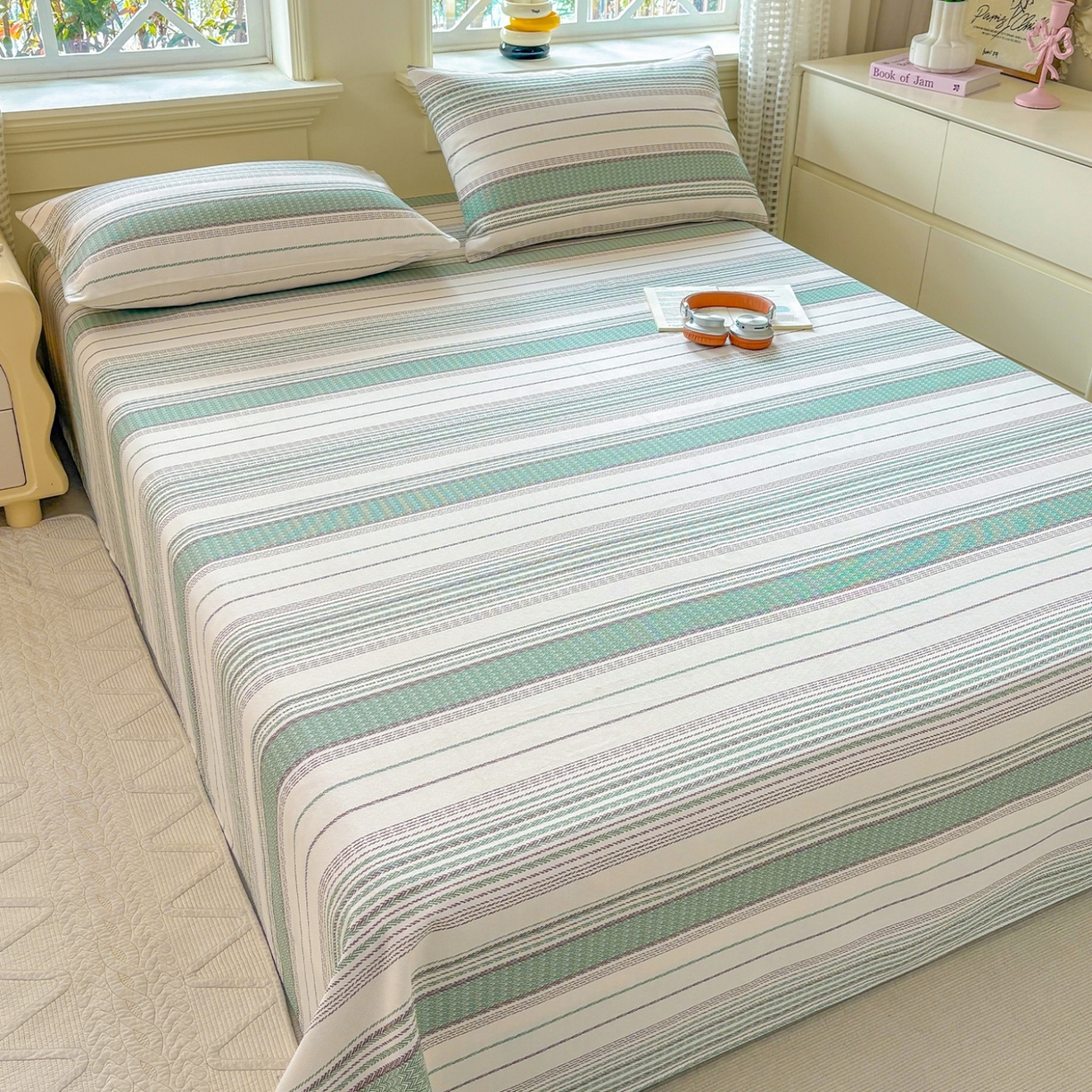 91家纺网 家纺一手货源 找家纺 青泽家纺 2025新款原棉标老粗布系列床单三件套 时光蓝条