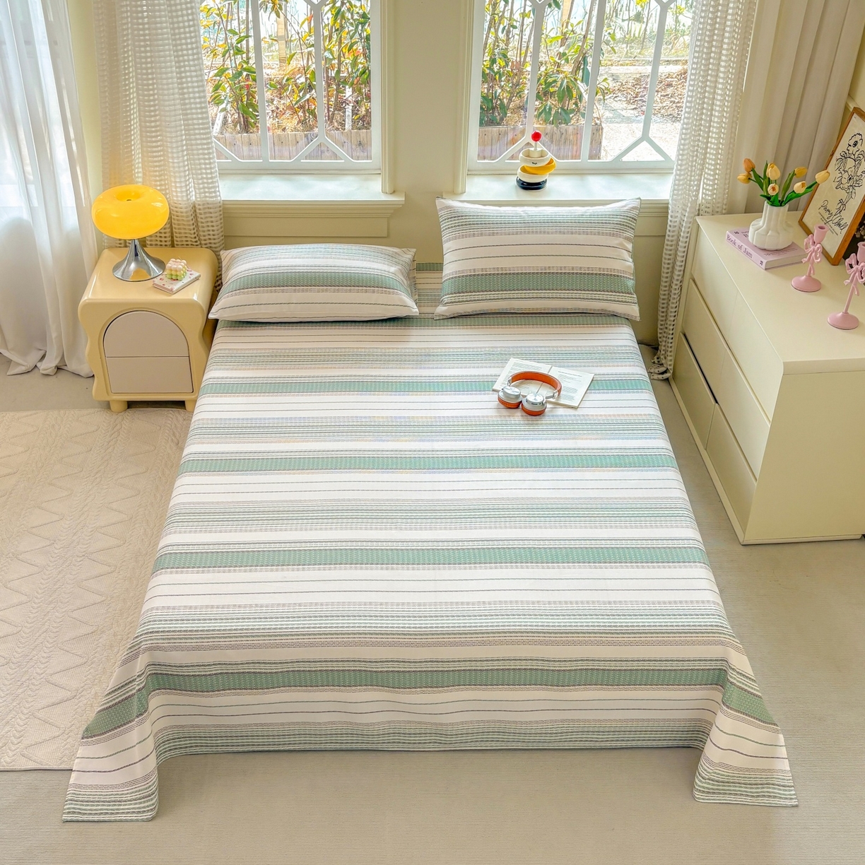 91家纺网 家纺一手货源 找家纺 青泽家纺 2025新款原棉标老粗布系列床单三件套 时光蓝条