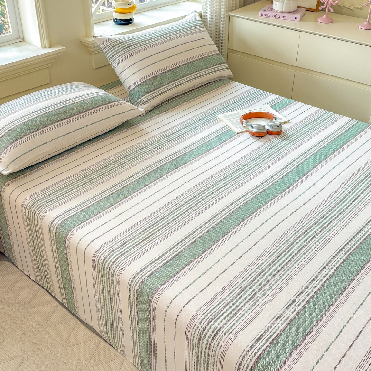 91家纺网 家纺一手货源 找家纺 青泽家纺 2025新款原棉标老粗布系列床单三件套 时光蓝条