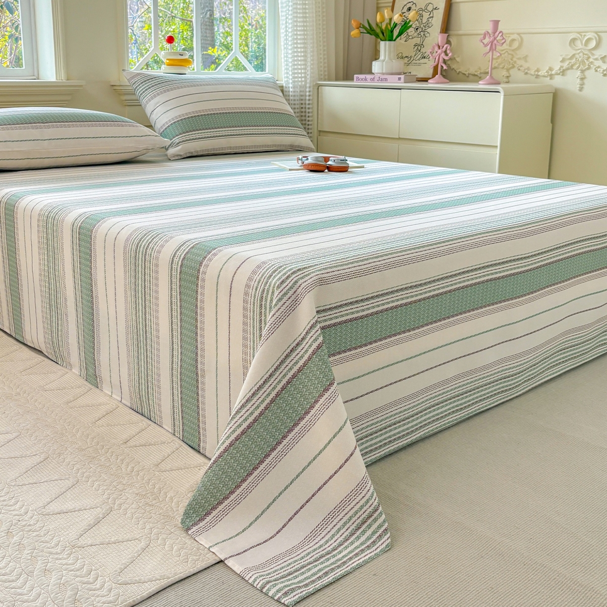 91家纺网 家纺一手货源 找家纺 青泽家纺 2025新款原棉标老粗布系列床单三件套 时光蓝条