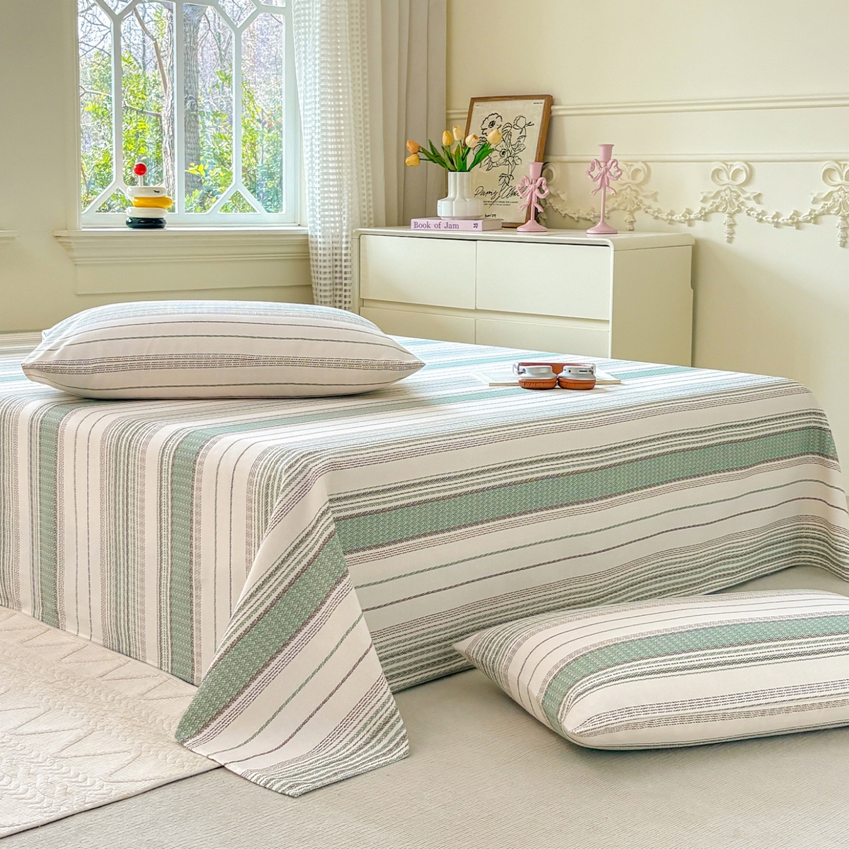 91家纺网 家纺一手货源 找家纺 青泽家纺 2025新款原棉标老粗布系列床单三件套 时光蓝条