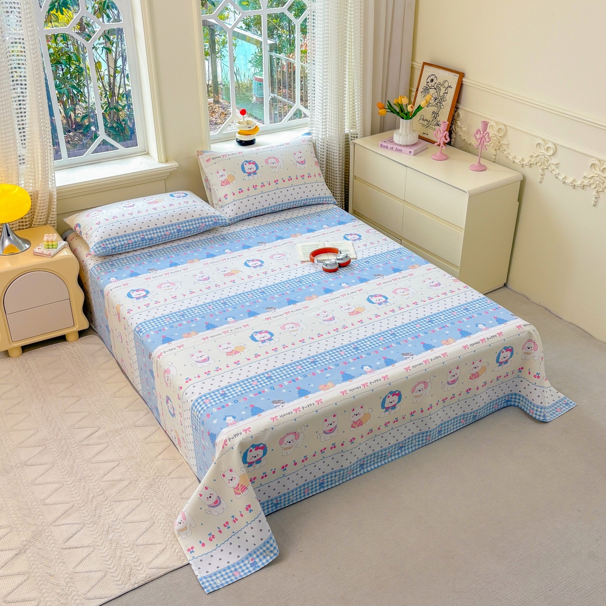 91家纺网 家纺一手货源 找家纺 青泽家纺 2025新款原棉标老粗布系列床单三件套 甜心小狗