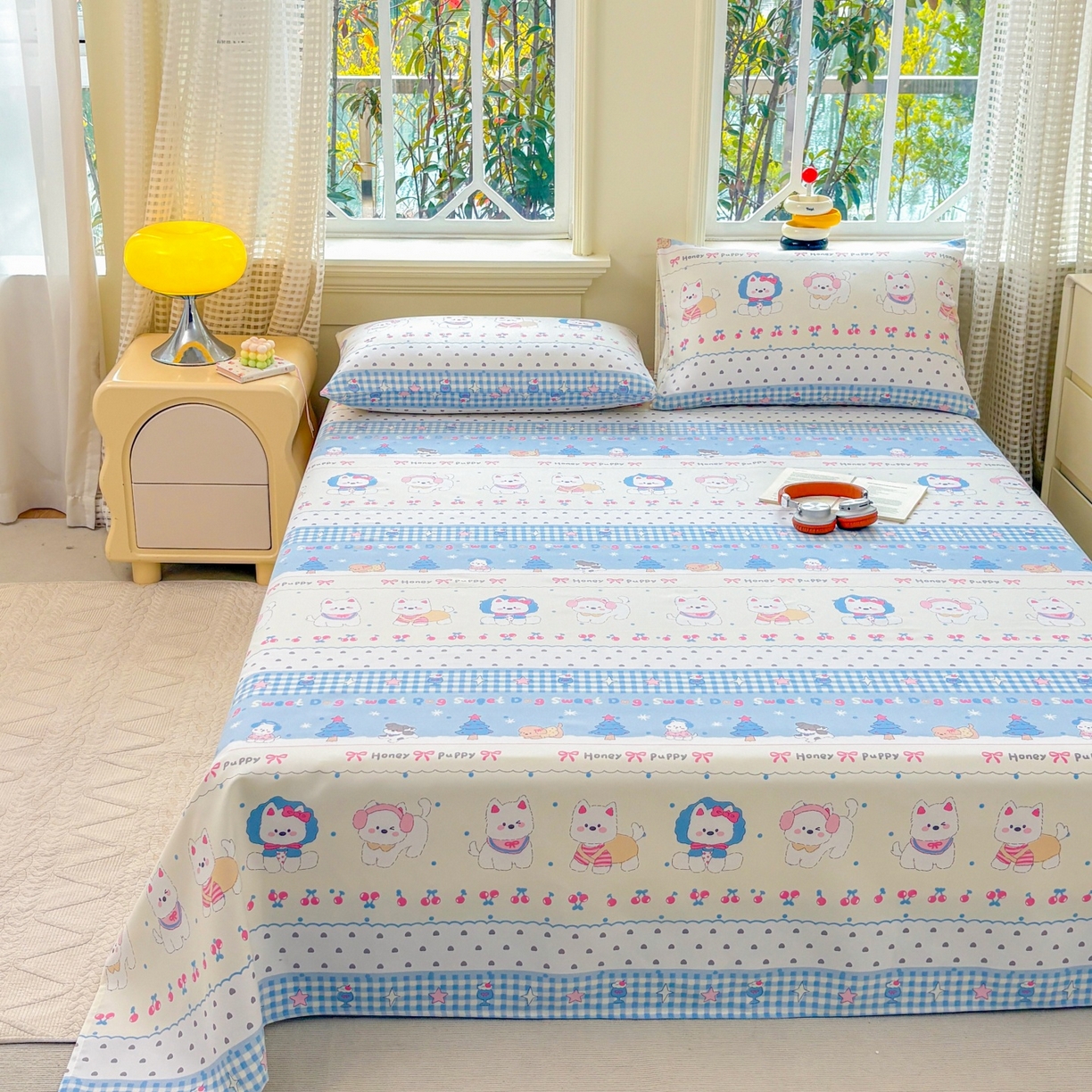 91家纺网 家纺一手货源 找家纺 青泽家纺 2025新款原棉标老粗布系列床单三件套 甜心小狗