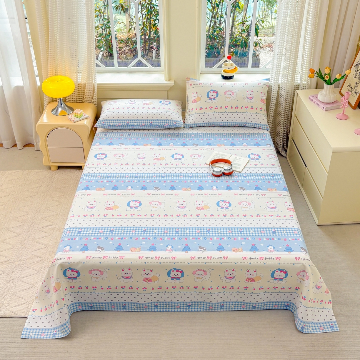 91家纺网 家纺一手货源 找家纺 青泽家纺 2025新款原棉标老粗布系列床单三件套 甜心小狗