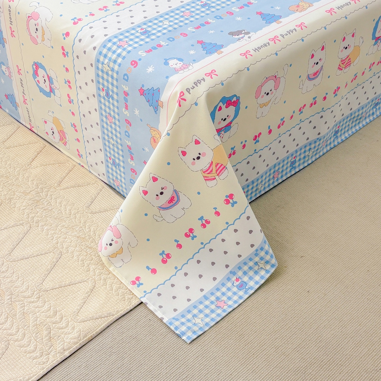 91家纺网 家纺一手货源 找家纺 青泽家纺 2025新款原棉标老粗布系列床单三件套 甜心小狗