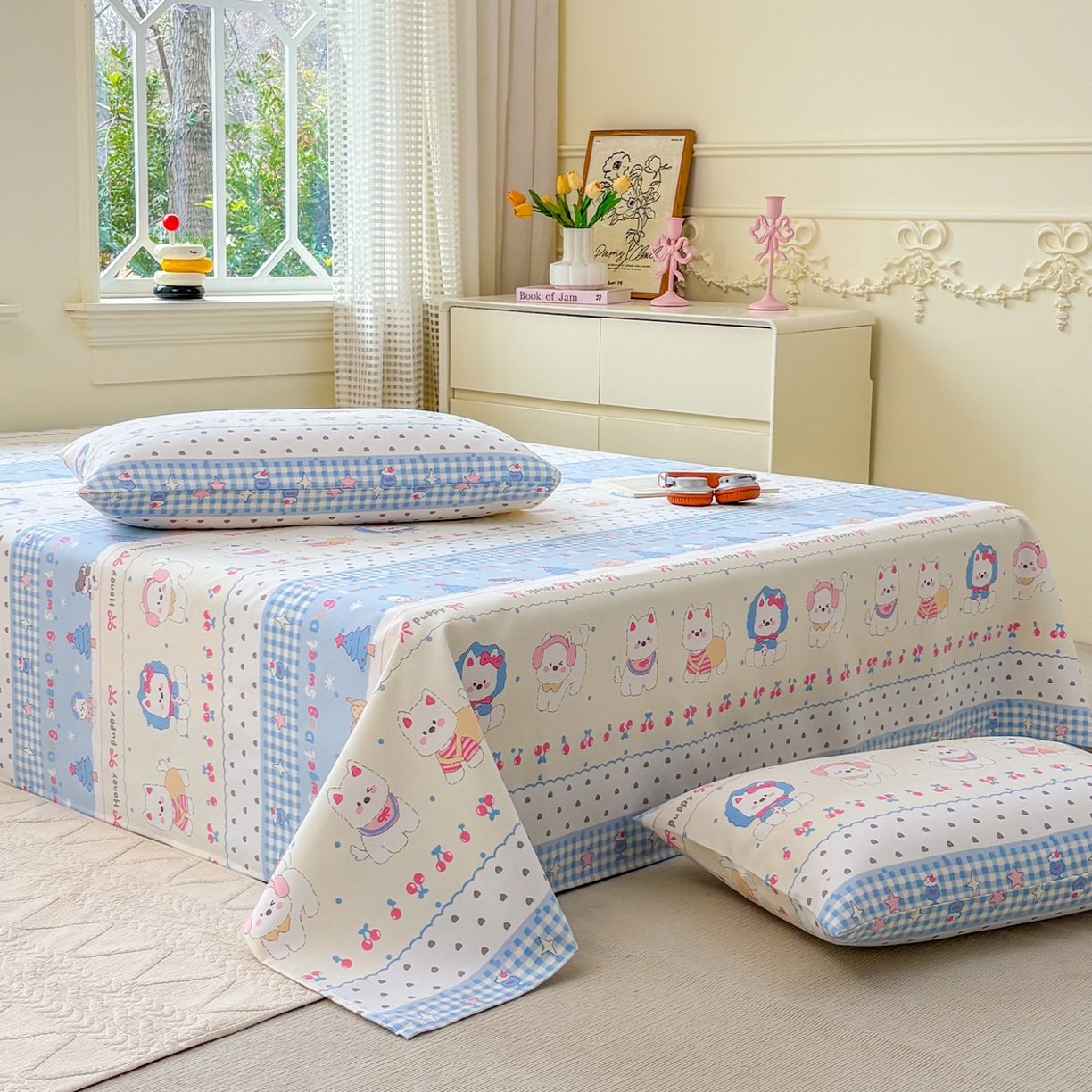 91家纺网 家纺一手货源 找家纺 青泽家纺 2025新款原棉标老粗布系列床单三件套 甜心小狗