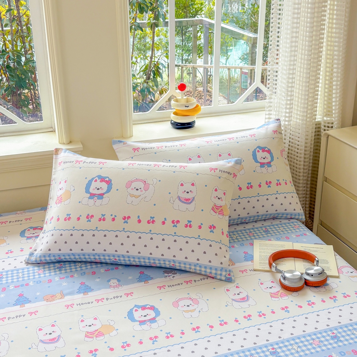 91家纺网 家纺一手货源 找家纺 青泽家纺 2025新款原棉标老粗布系列床单三件套 甜心小狗