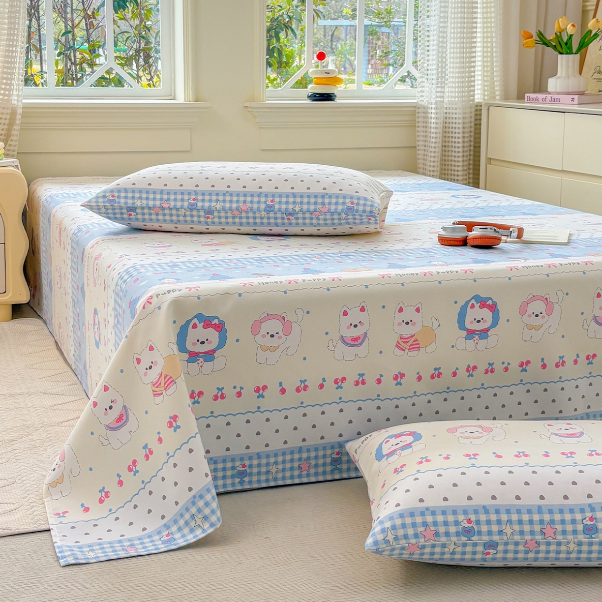 91家纺网 家纺一手货源 找家纺 青泽家纺 2025新款原棉标老粗布系列床单三件套 甜心小狗