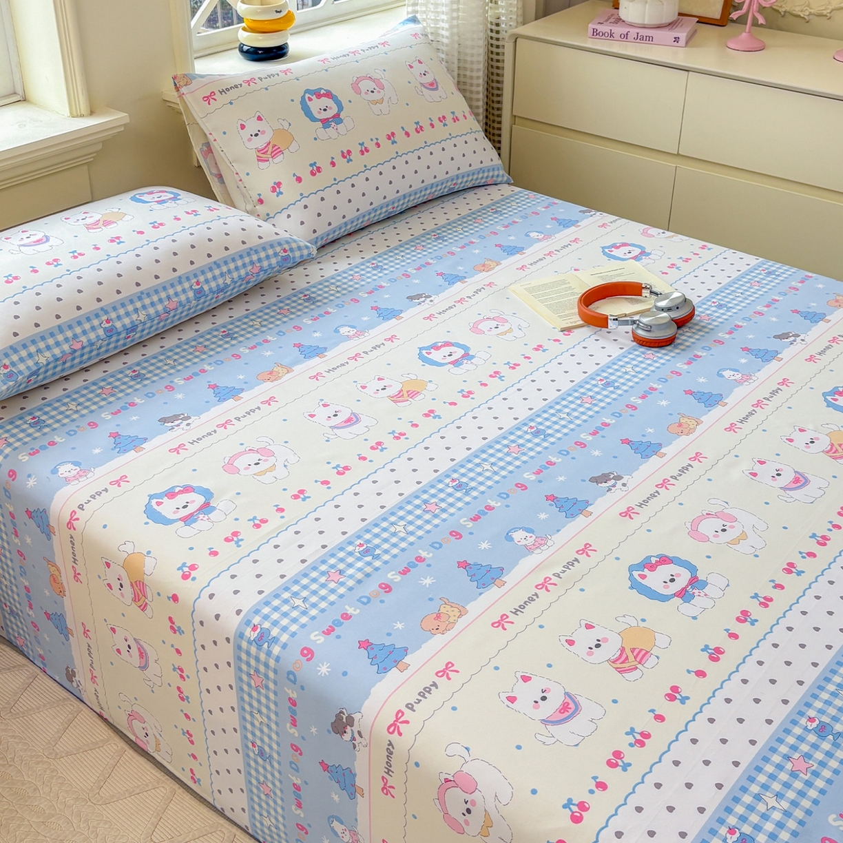 91家纺网 家纺一手货源 找家纺 青泽家纺 2025新款原棉标老粗布系列床单三件套 甜心小狗