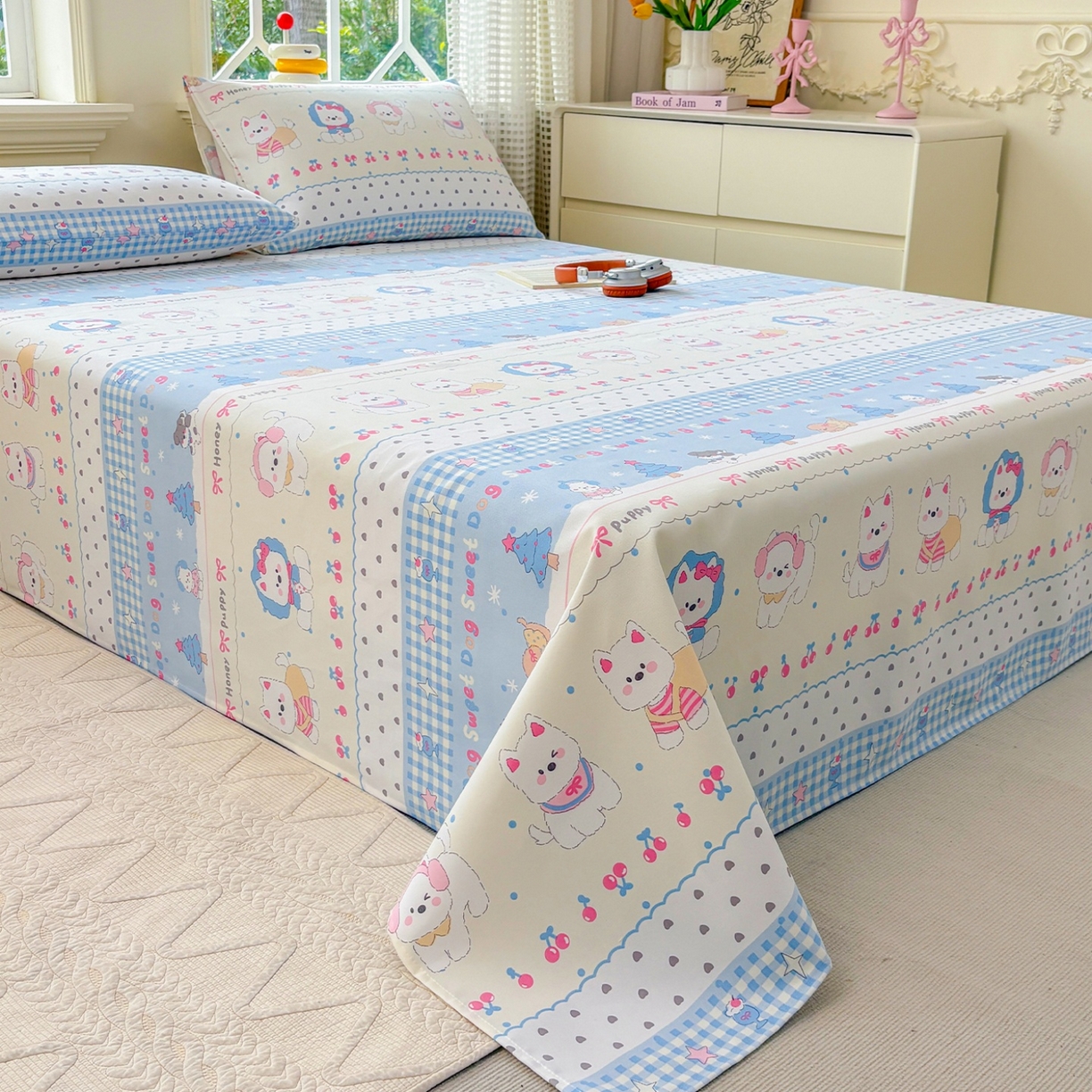 91家纺网 家纺一手货源 找家纺 青泽家纺 2025新款原棉标老粗布系列床单三件套 甜心小狗