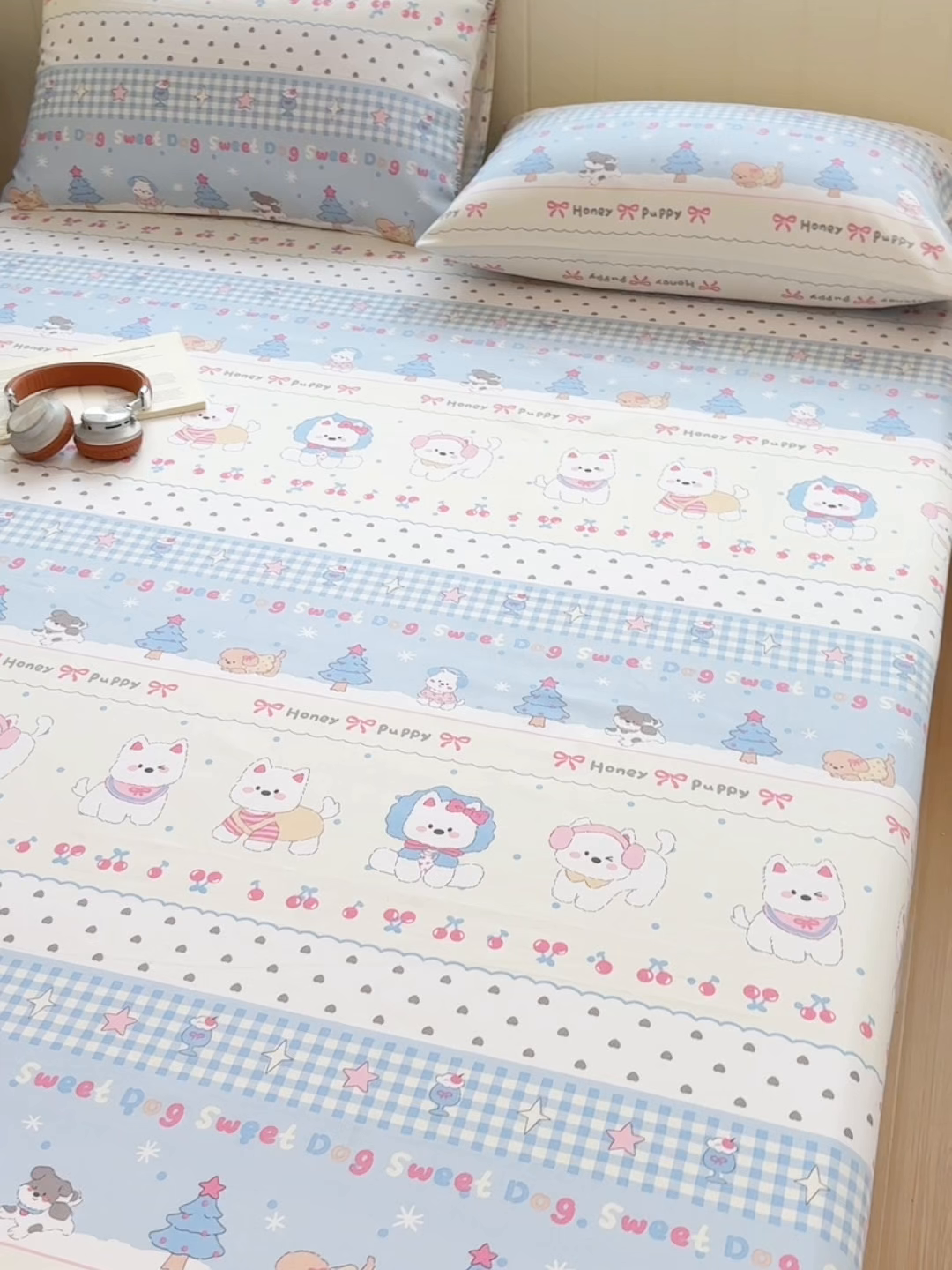 91家纺网 家纺一手货源 找家纺 青泽家纺 2025新款原棉标老粗布系列床单三件套 甜心小狗