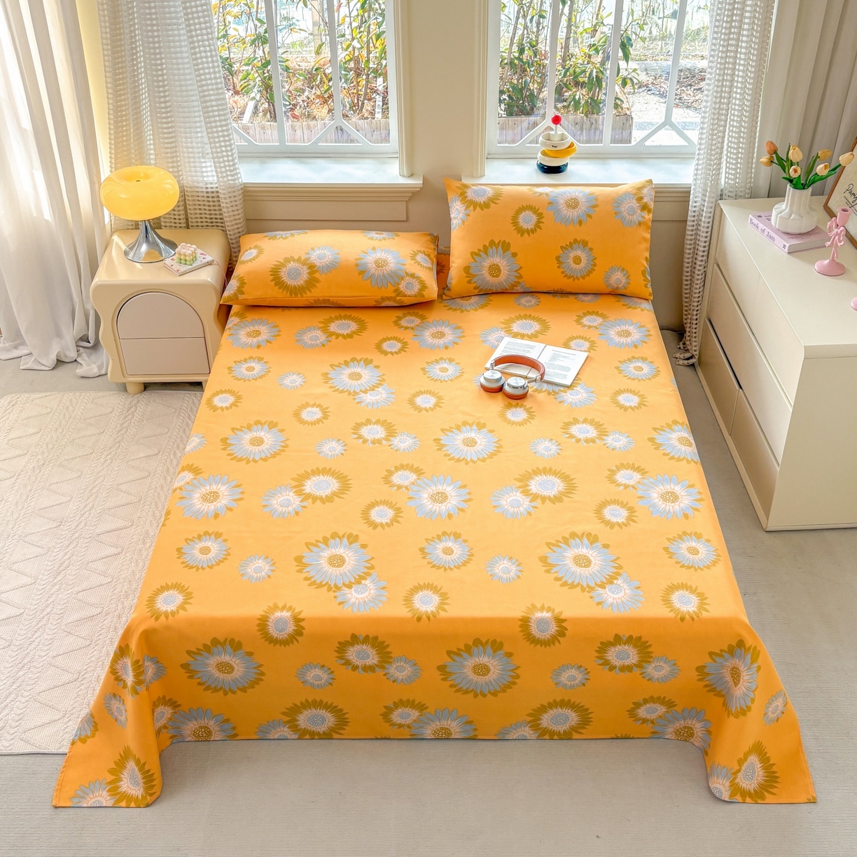 91家纺网 家纺一手货源 找家纺 青泽家纺 2025新款原棉标老粗布系列床单三件套 向阳花