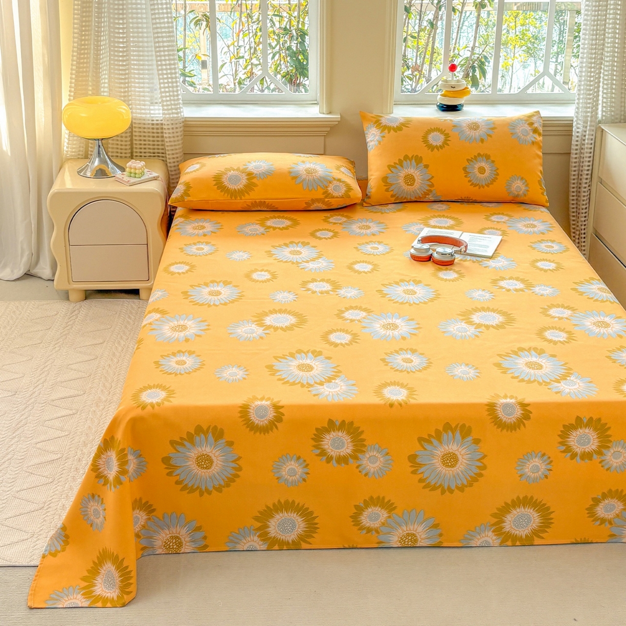 91家纺网 家纺一手货源 找家纺 青泽家纺 2025新款原棉标老粗布系列床单三件套 向阳花