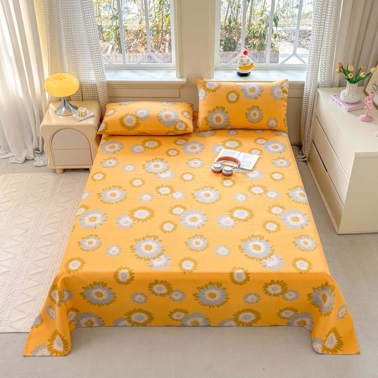 91家纺网 家纺一手货源 找家纺 青泽家纺 2025新款原棉标老粗布系列床单三件套 向阳花