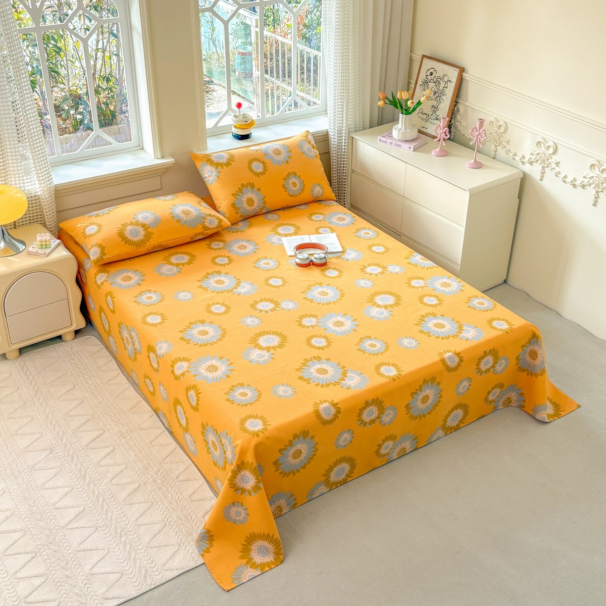 91家纺网 家纺一手货源 找家纺 青泽家纺 2025新款原棉标老粗布系列床单三件套 向阳花