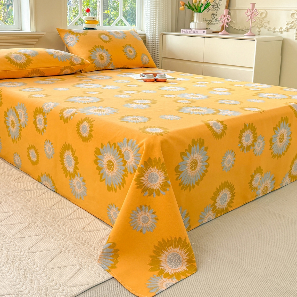 91家纺网 家纺一手货源 找家纺 青泽家纺 2025新款原棉标老粗布系列床单三件套 向阳花