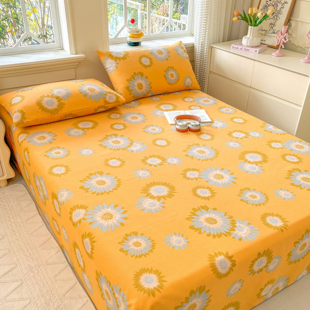 91家纺网 家纺一手货源 找家纺 青泽家纺 2025新款原棉标老粗布系列床单三件套 向阳花