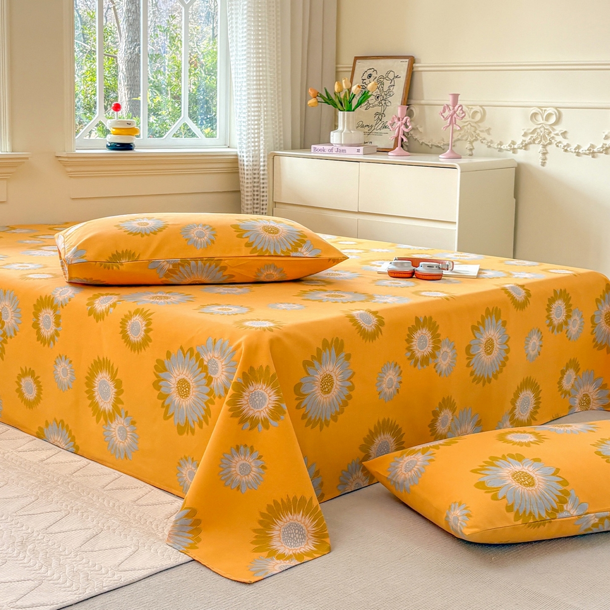 91家纺网 家纺一手货源 找家纺 青泽家纺 2025新款原棉标老粗布系列床单三件套 向阳花