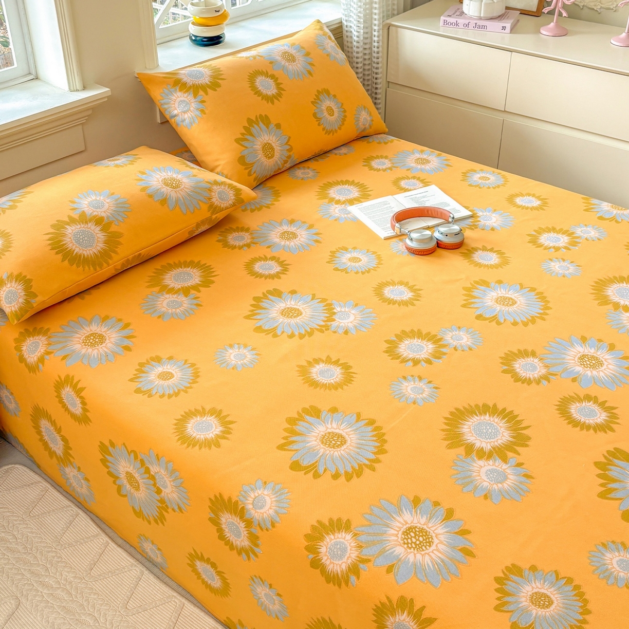 91家纺网 家纺一手货源 找家纺 青泽家纺 2025新款原棉标老粗布系列床单三件套 向阳花