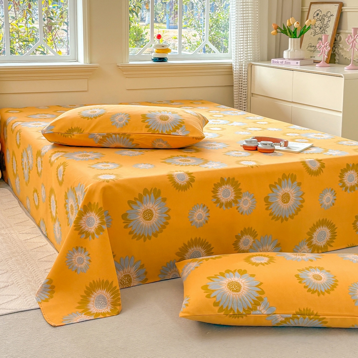 91家纺网 家纺一手货源 找家纺 青泽家纺 2025新款原棉标老粗布系列床单三件套 向阳花