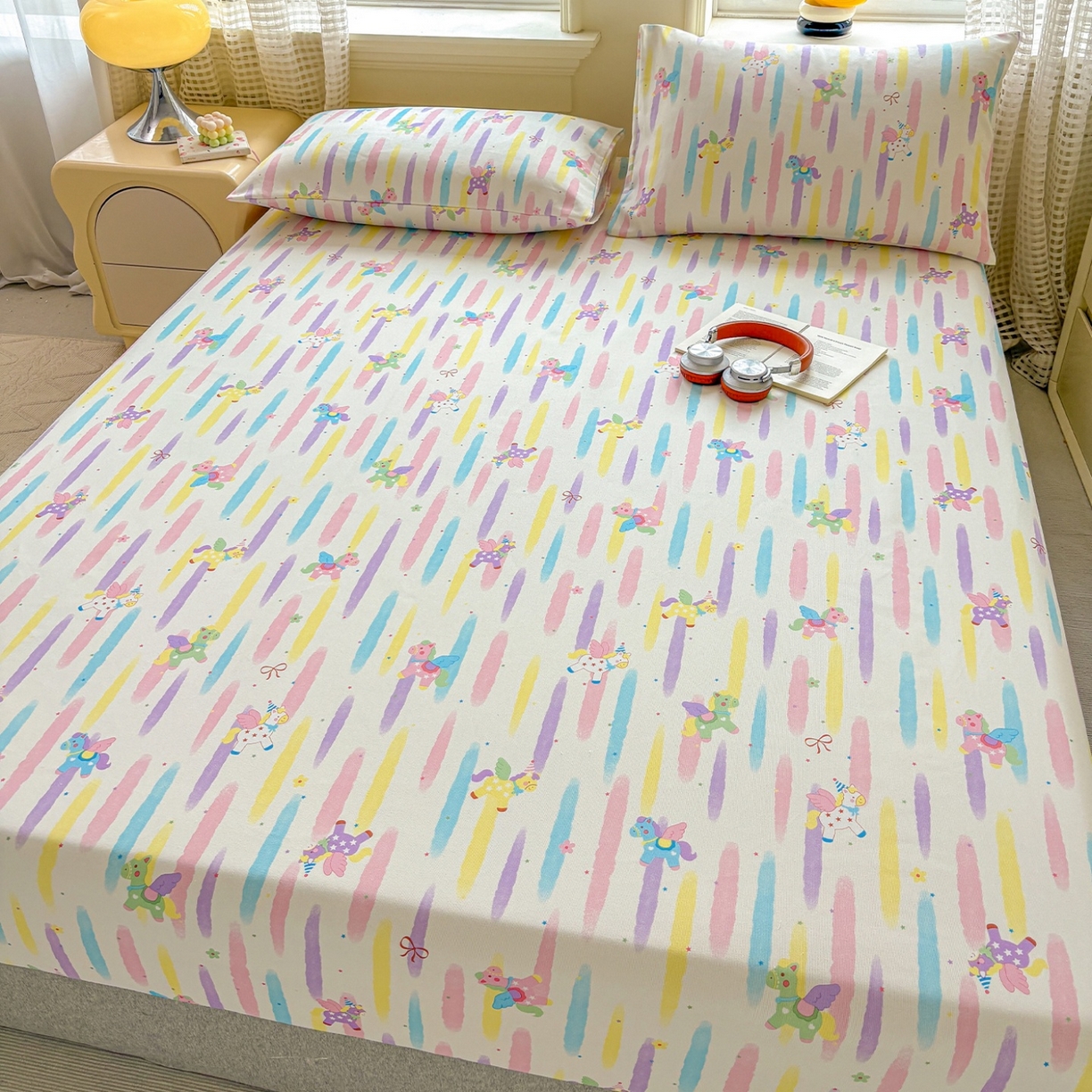 91家纺网 家纺一手货源 找家纺 青泽家纺 2025新款原棉老粗布床笠系列 彩虹小马